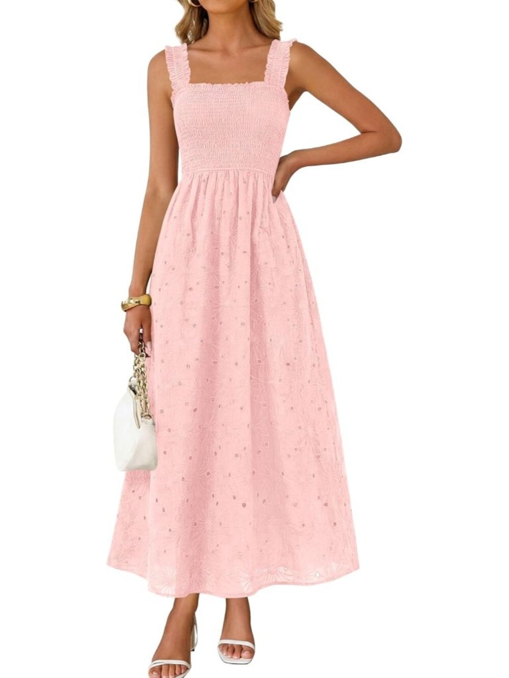 🆕 Women's Pink Boho Sleeveless Square Neck Cotton Flowy Long Maxi Dress